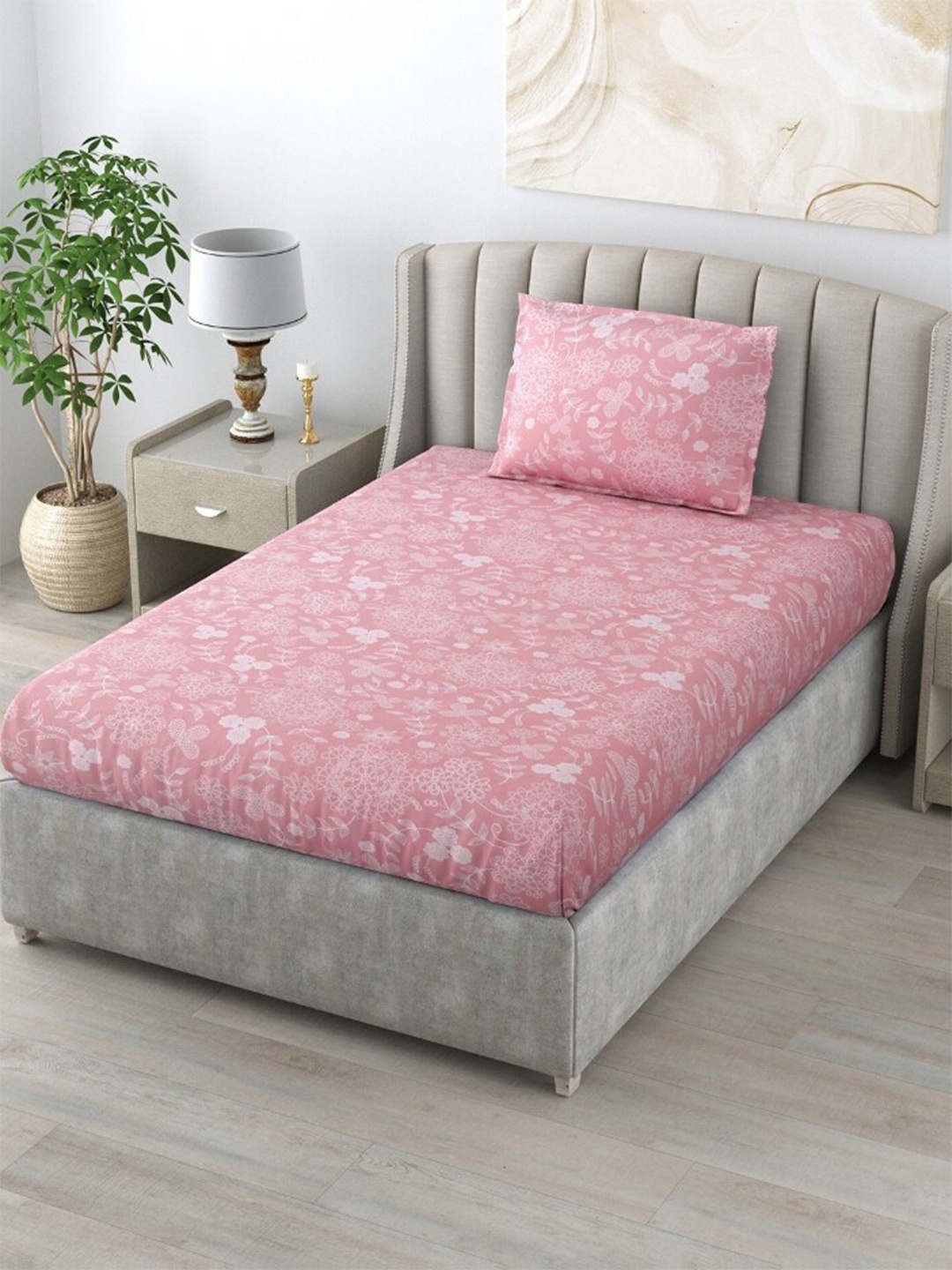 

Salona Bichona Pink & White Floral 144 TC Single Bedsheet with 1 Pillow Covers