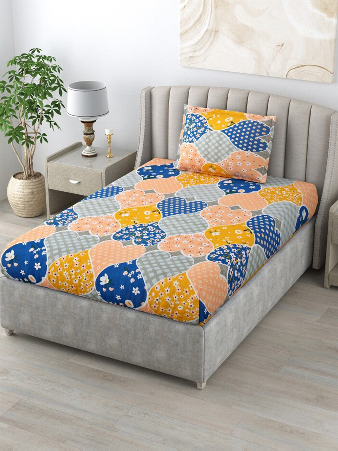

Salona Bichona Grey & Blue Floral 144 TC Single Bedsheet with 1 Pillow Covers