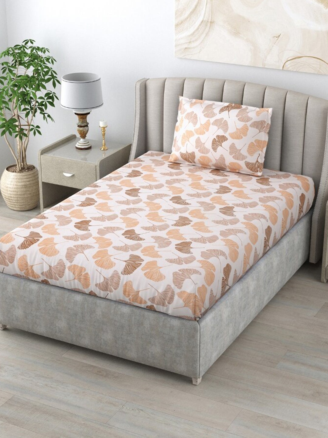 

Salona Bichona Brown & Orange Floral 144 TC Single Bedsheet with 1 Pillow Covers