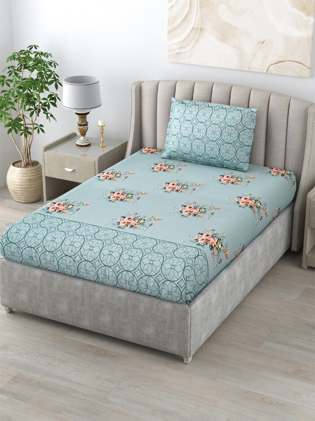 

Salona Bichona Green & Pink Floral 144 TC Single Cotton Bedsheet with 1 Pillow Covers