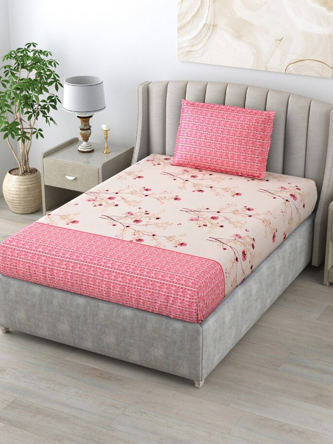 

Salona Bichona Pink & White Floral 144 TC Single Bedsheet with 1 Pillow Covers