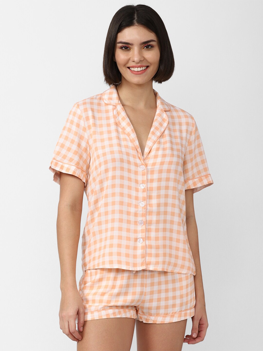 

FOREVER 21 Women Coral & White Checked Night Suit