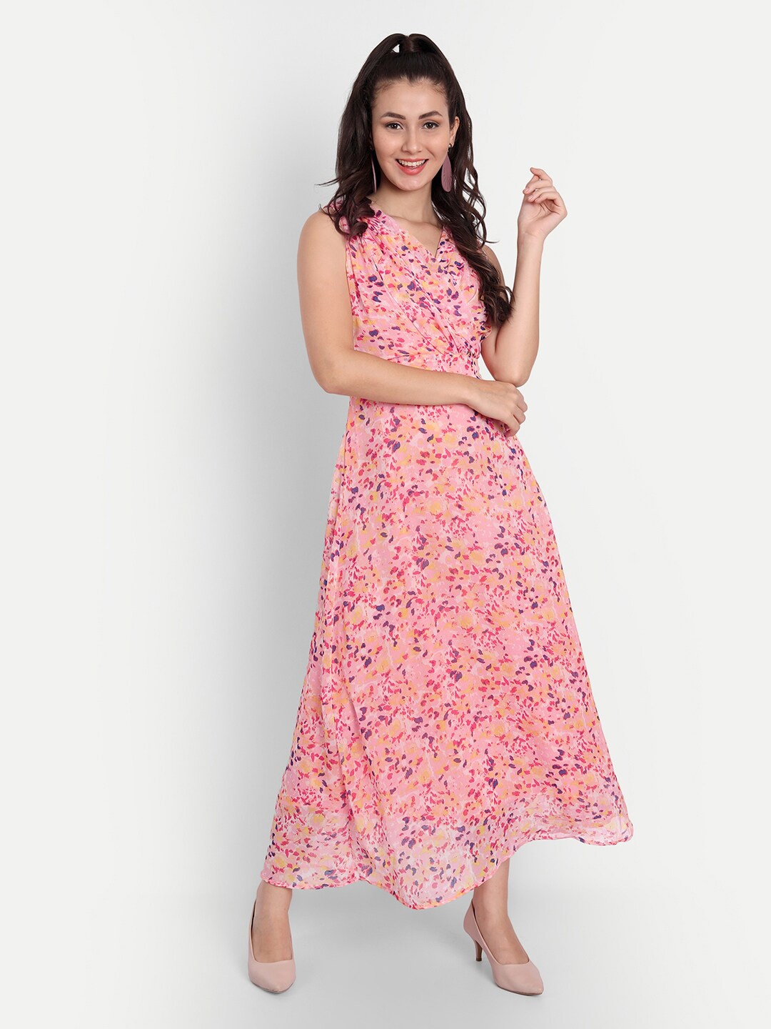 

ISAM Women Peach-Coloured Floral Chiffon Wrap Maxi Dress