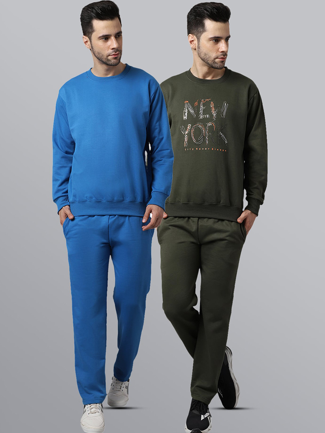 

VIMAL JONNEY Men Pack of 2 Blue & Olive Printed Fleece Tracksuits