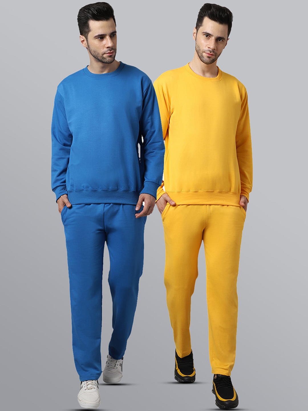 

VIMAL JONNEY Men Pack of 2 Blue & Yellow Solid Fleece Tracksuits
