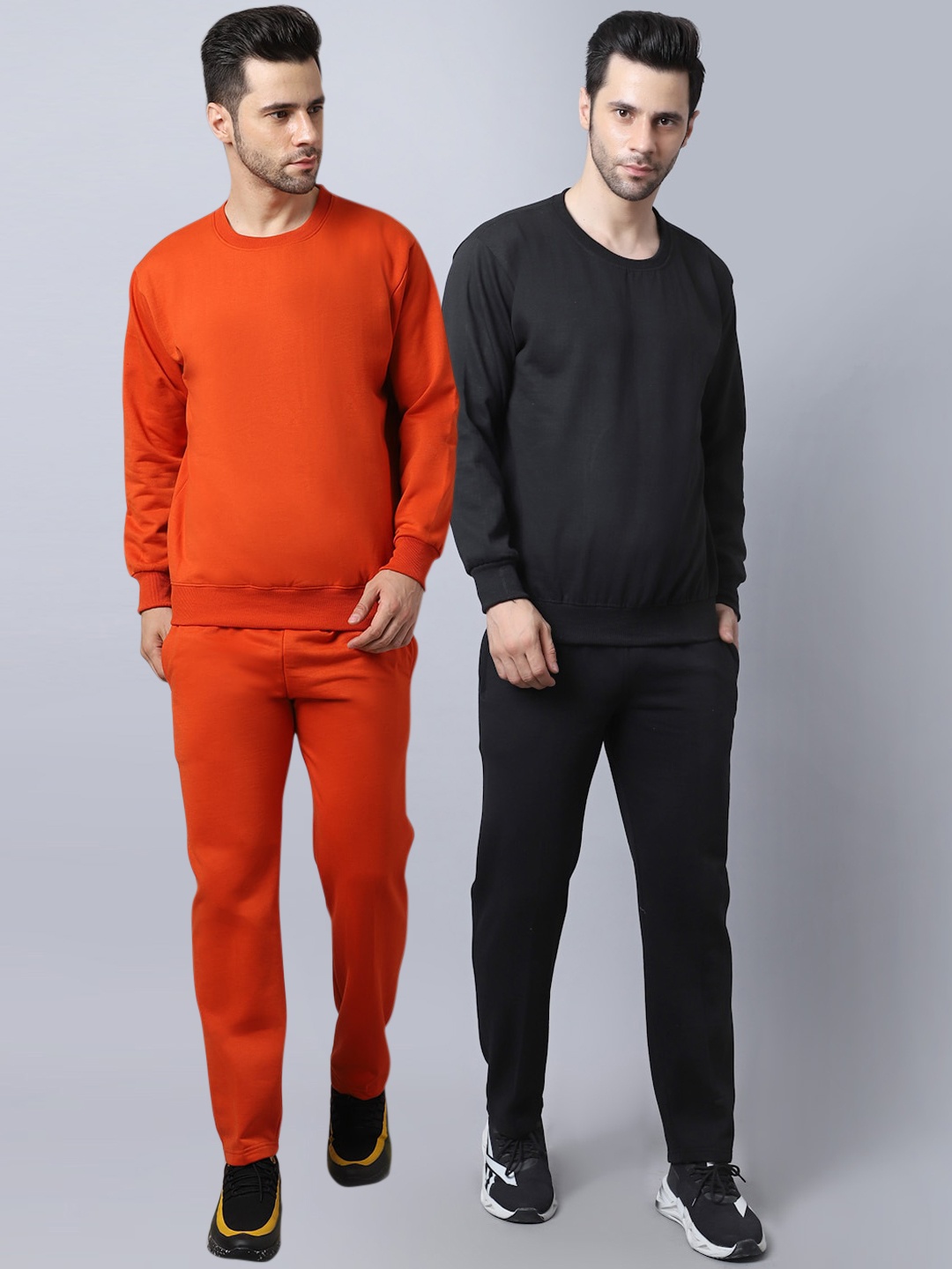 

VIMAL JONNEY Men Pack of 2 Orange & Black Solid Fleece Tracksuits