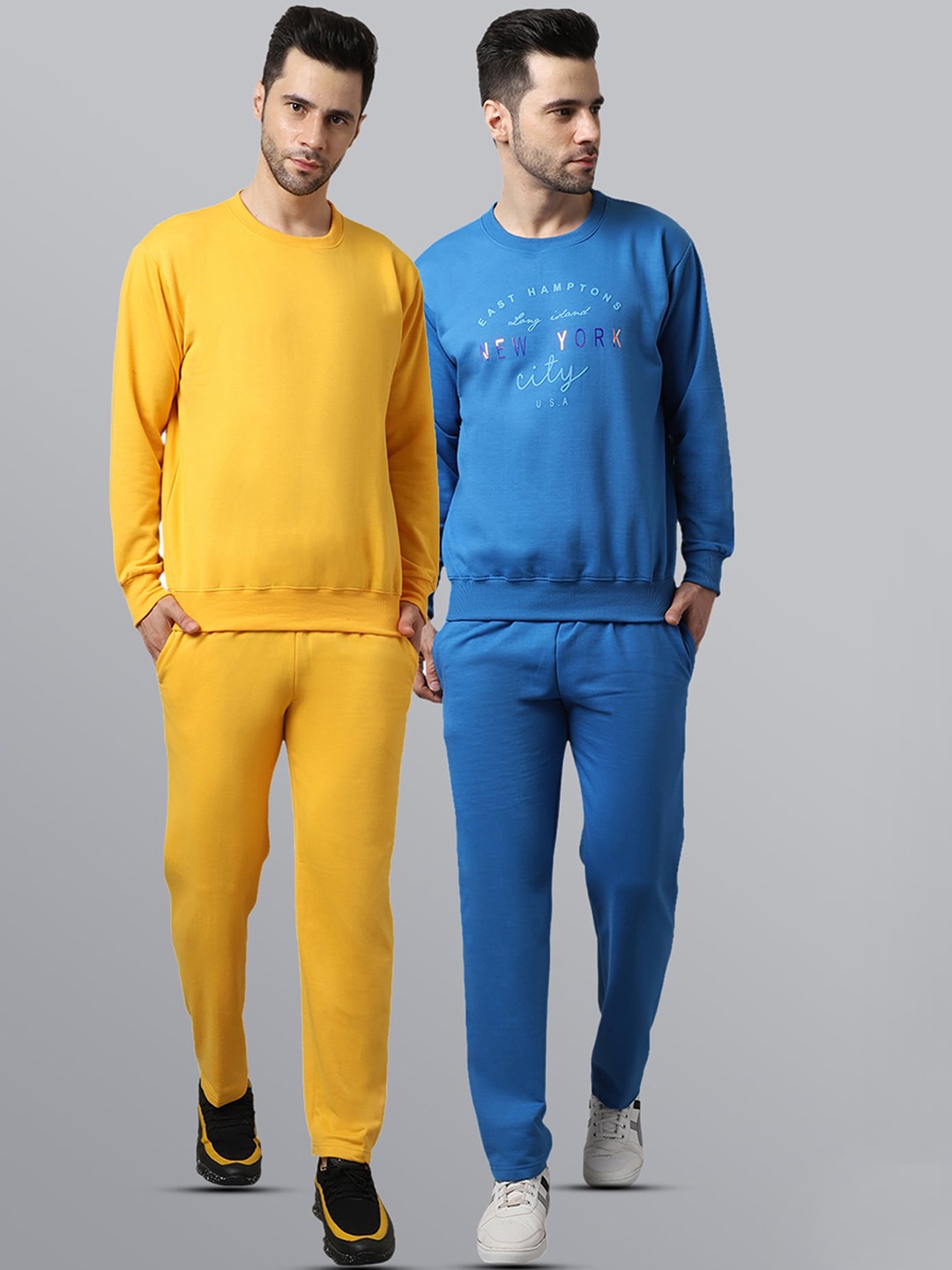 

VIMAL JONNEY Men Pack Of 2 Blue & Yellow Solid Fleece Tracksuits