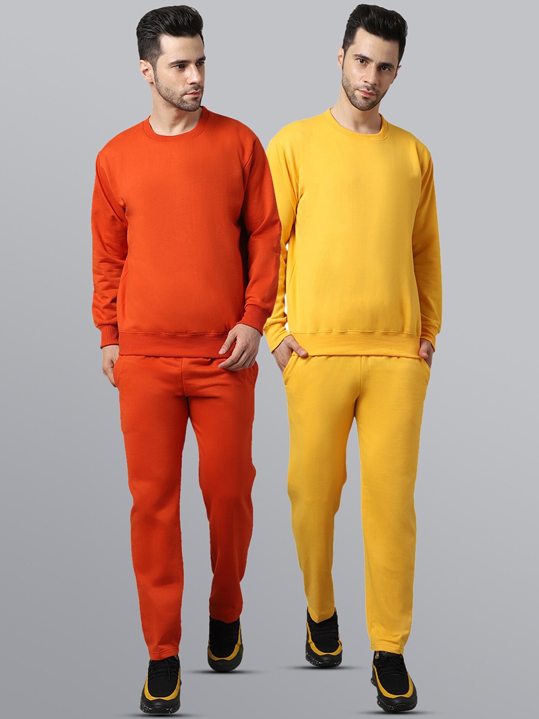 

VIMAL JONNEY Men Pack of 2 Yellow & Orange Solid Pure Cotton Tracksuits