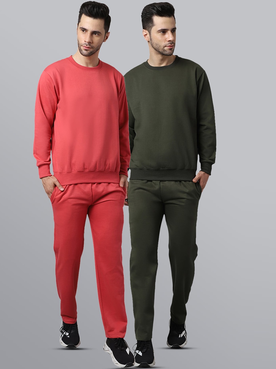 

VIMAL JONNEY Men Pack Of 2 Olive Green & Peach Pure Cotton Solid Tracksuits