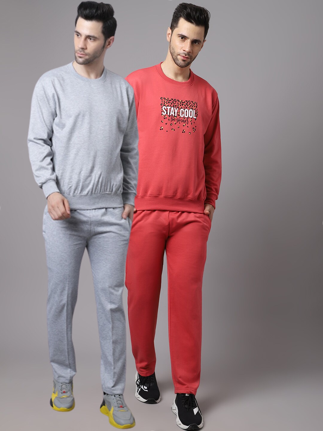 

VIMAL JONNEY Men Pack Of 2 Red & Grey Solid Fleece Tracksuits