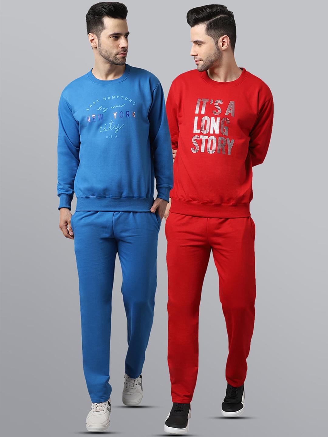 

VIMAL JONNEY Men Pack of 2 Red & Blue Printed Cotton Tracksuits