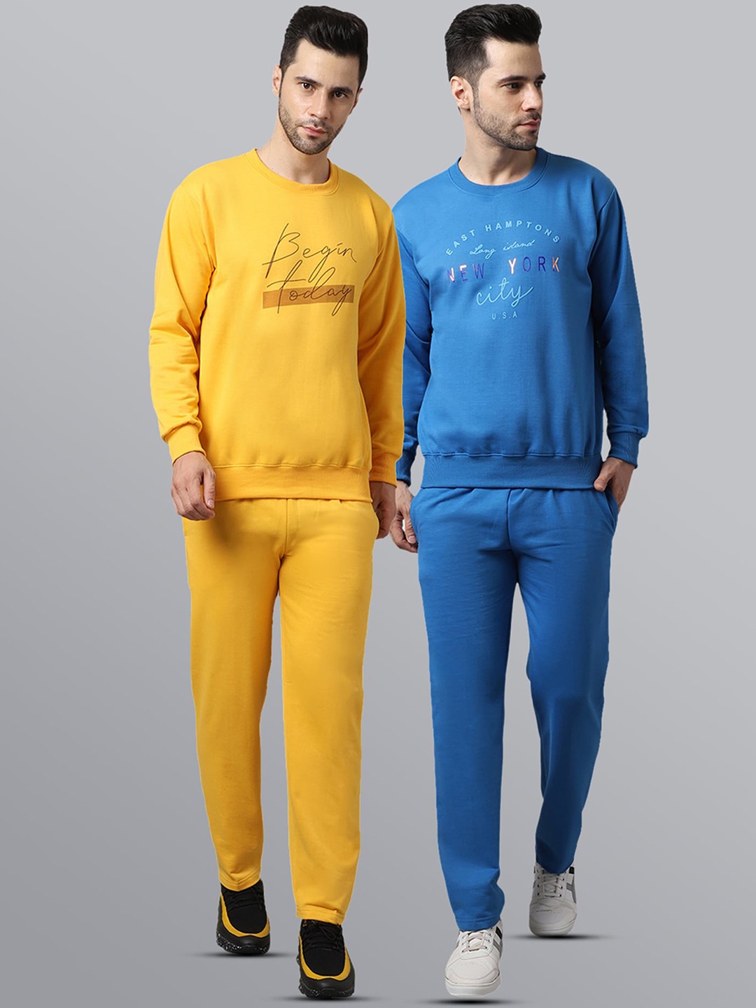 

VIMAL JONNEY Men Pack of 2 Blue & Yellow Printed Fleece Tracksuits