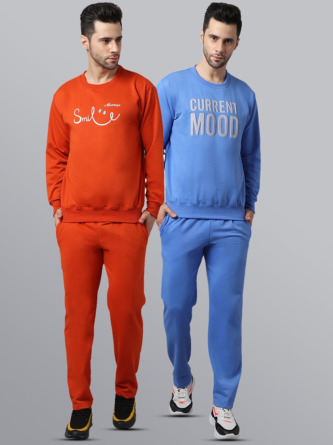 

VIMAL JONNEY Men Pack of 2 Orange & Blue Printed Fleece Tracksuits