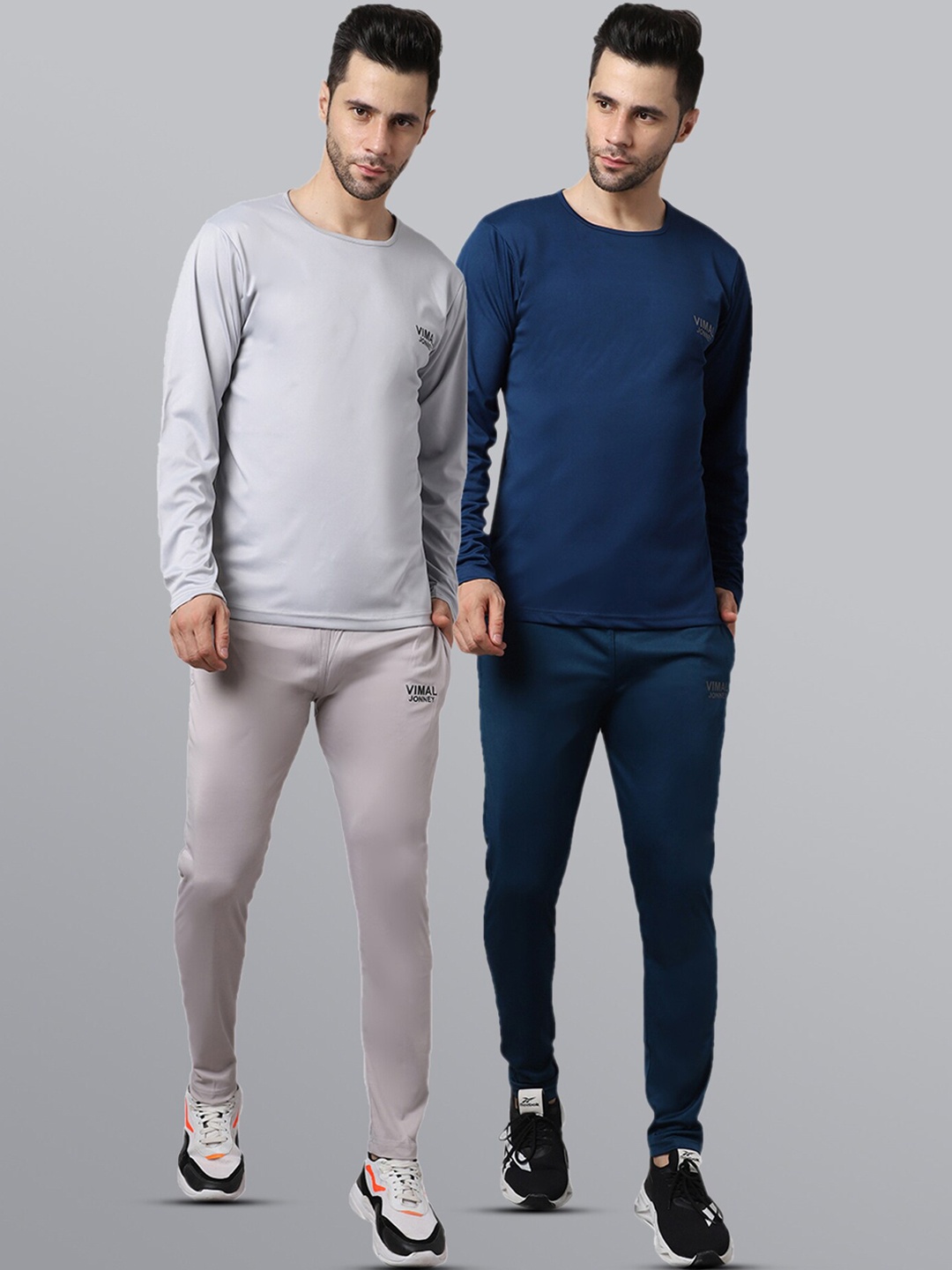 

VIMAL JONNEY Men Pack of 2 Grey & Blue Solid Tracksuits