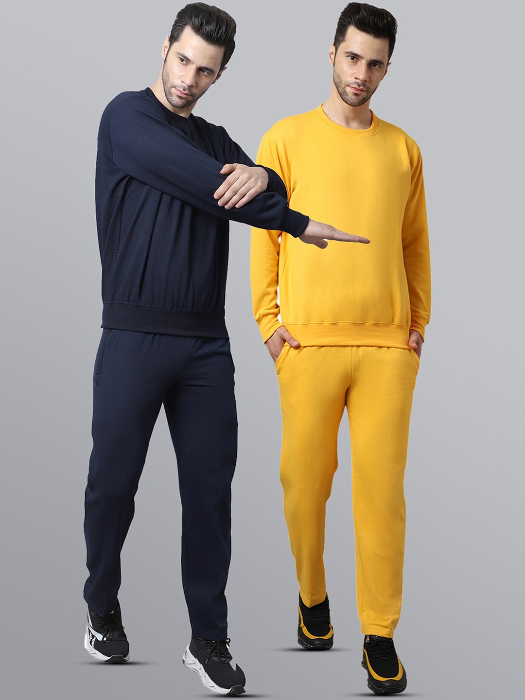

VIMAL JONNEY Men Pack of 2 Yellow & Navy Blue Solid Tracksuits
