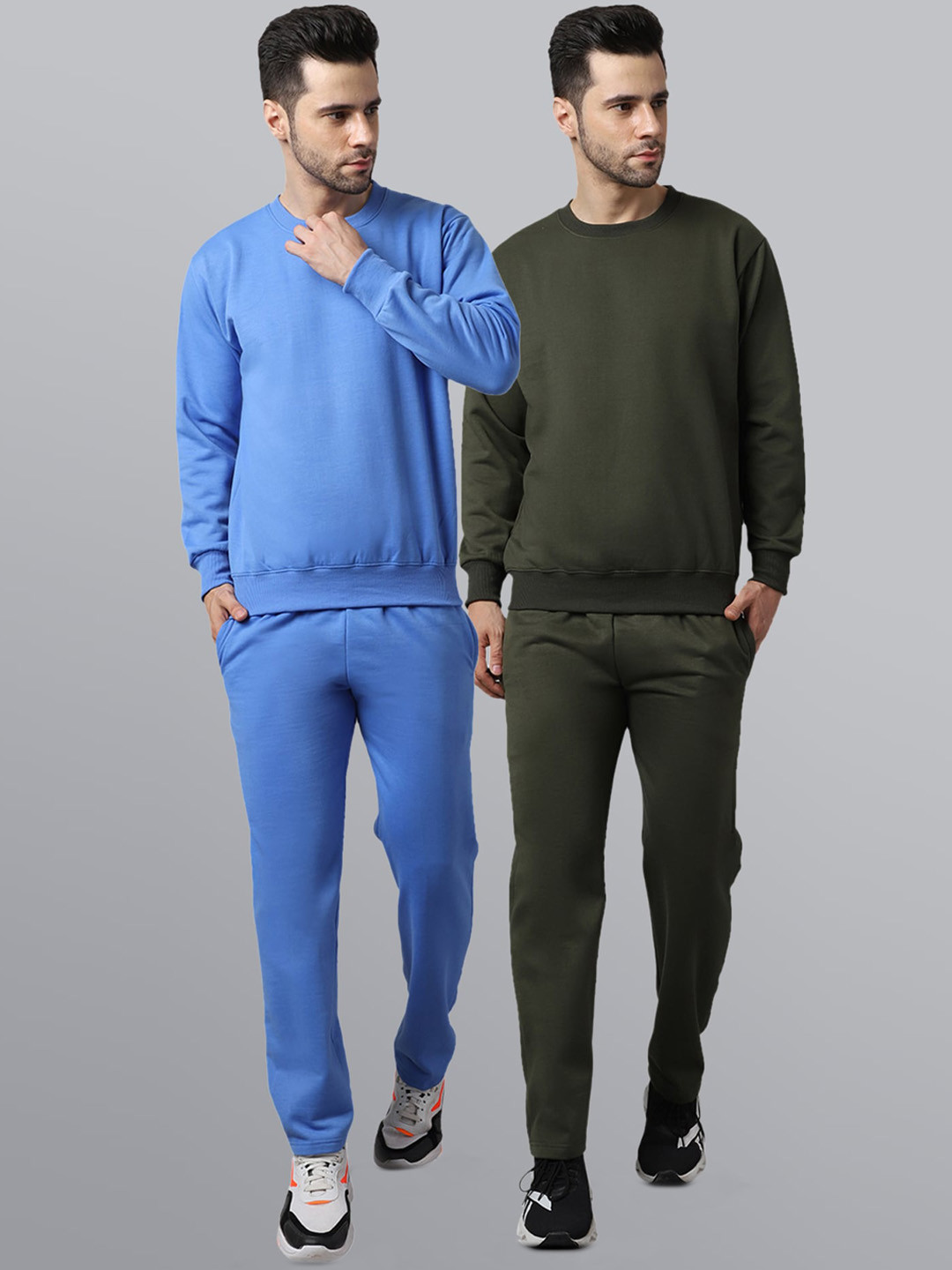 

VIMAL JONNEY Men Pack Of 2 Blue & Olive Green Solid Pure Cotton Tracksuits