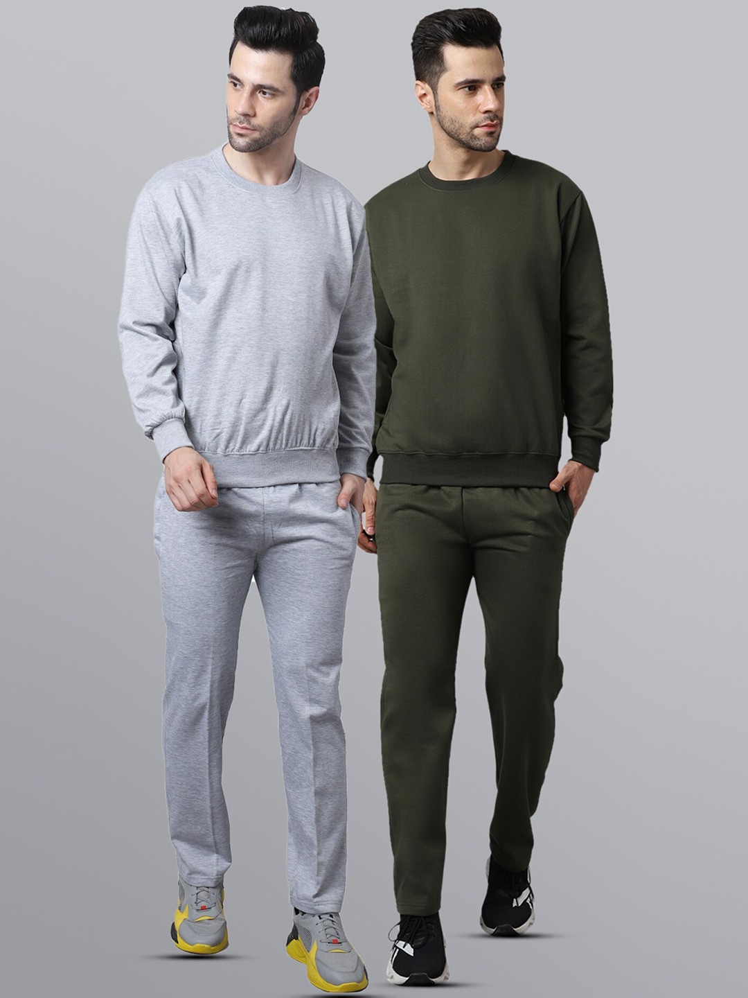 

VIMAL JONNEY Men Pack Of 2 Grey & Olive Solid Fleece Tracksuits