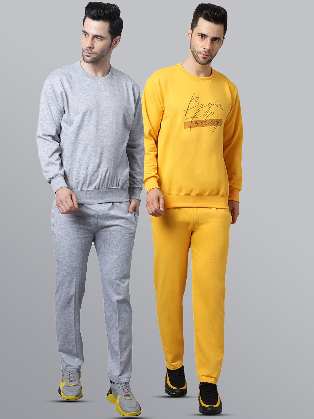 

VIMAL JONNEY Men Pack Of 2 Solid Pure Cotton Tracksuits, Grey