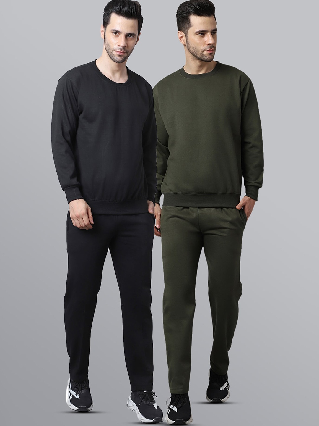

VIMAL JONNEY Men Pack of 2 Black & Olive Pure Cotton Solid Sports Tracksuits