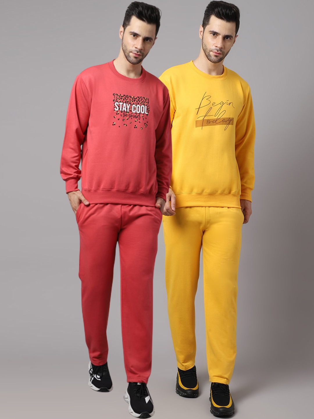 

VIMAL JONNEY Men Pack Of 2 Solid Pure Cotton Tracksuits, Yellow
