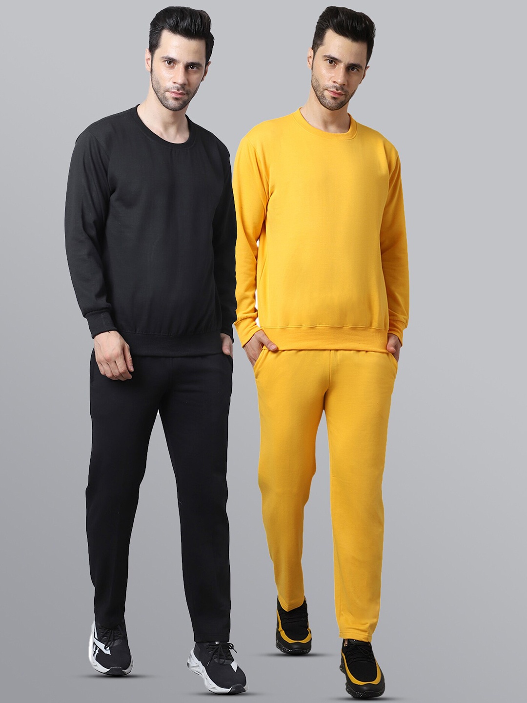 

VIMAL JONNEY Men Pack of 2 Black & Yellow Solid Pure Cotton Tracksuits, Multi