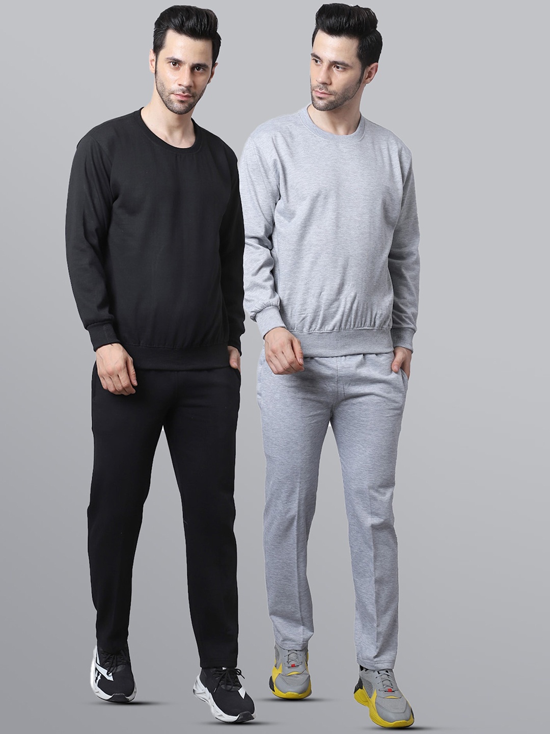 

VIMAL JONNEY Set Of 2 Men Solid Pure Cotton Tracksuits, Black