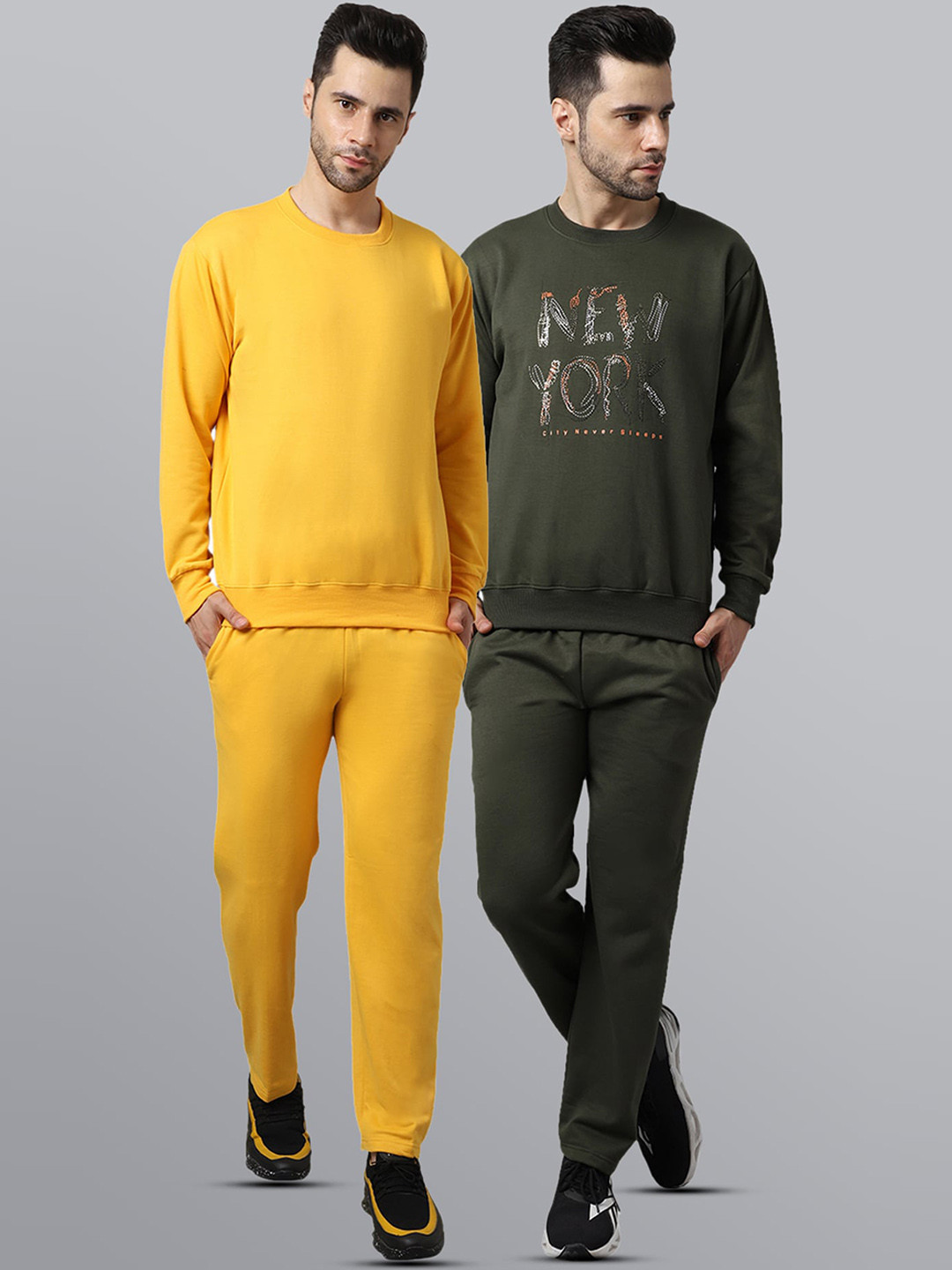 

VIMAL JONNEY Men Pack Of 2 Solid Pure Cotton Tracksuits, Olive