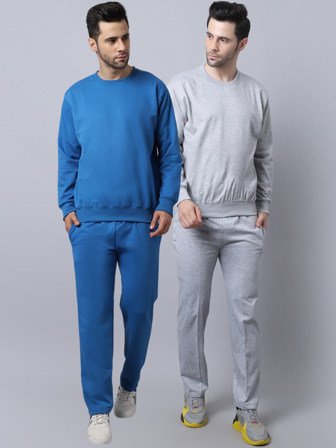 

VIMAL JONNEY Men Pack of 2 Melange Grey & Blue Solid Pure Cotton Tracksuits