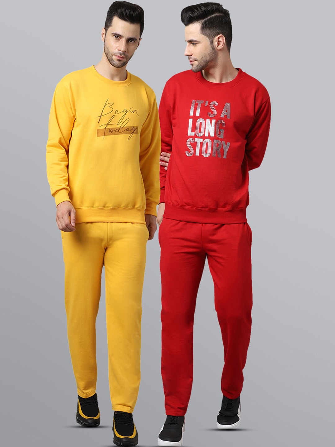 

VIMAL JONNEY Men Pack of 2 Yellow & Red Printed Pure Fleece Tracksuits