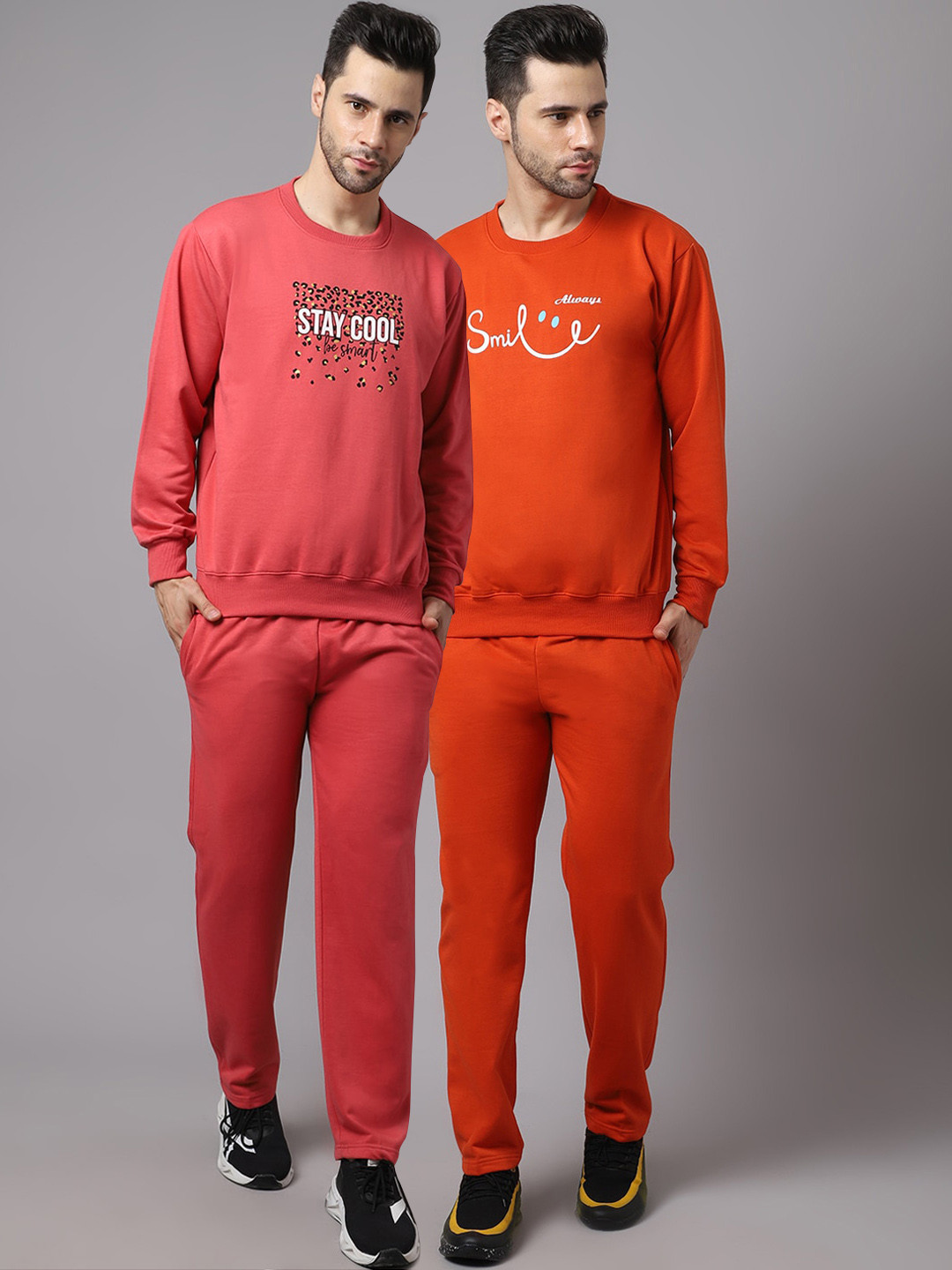 

VIMAL JONNEY Men Pack of 2 Pink & Orange Printed Fleece Tracksuits