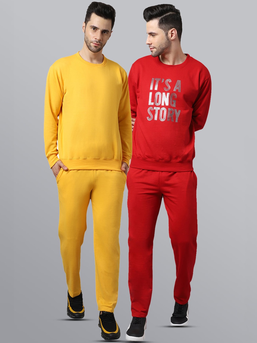 

VIMAL JONNEY Men Pack of 2 Yellow & Red Solid Pure Fleece Tracksuits