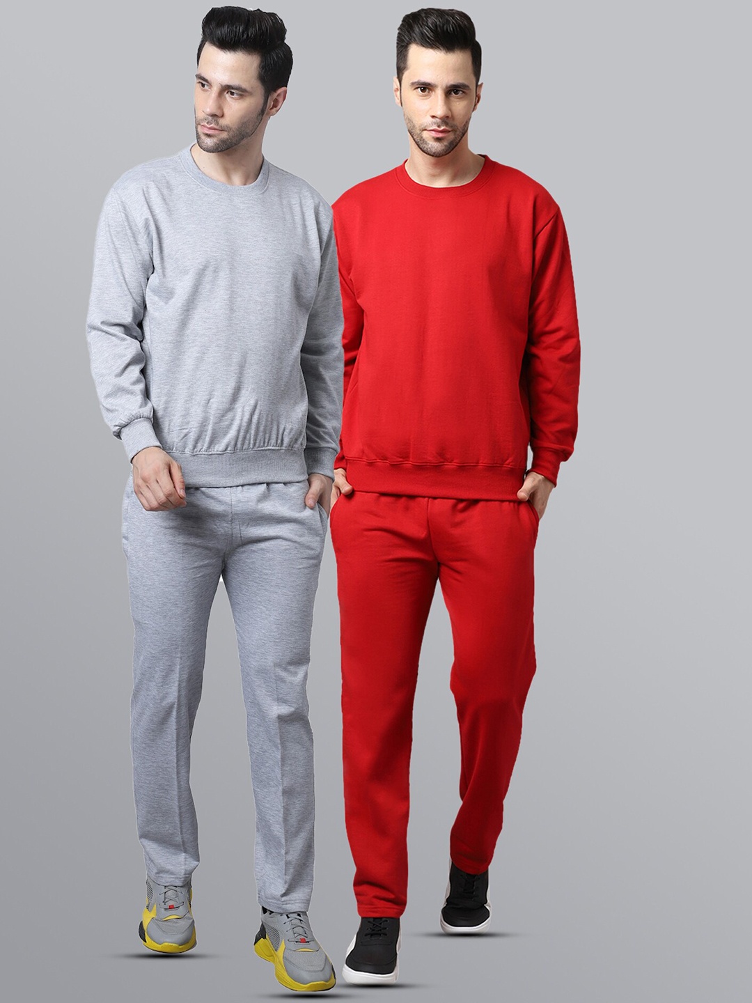 

VIMAL JONNEY Men Pack of 2 Red & Grey Solid Fleece Tracksuits