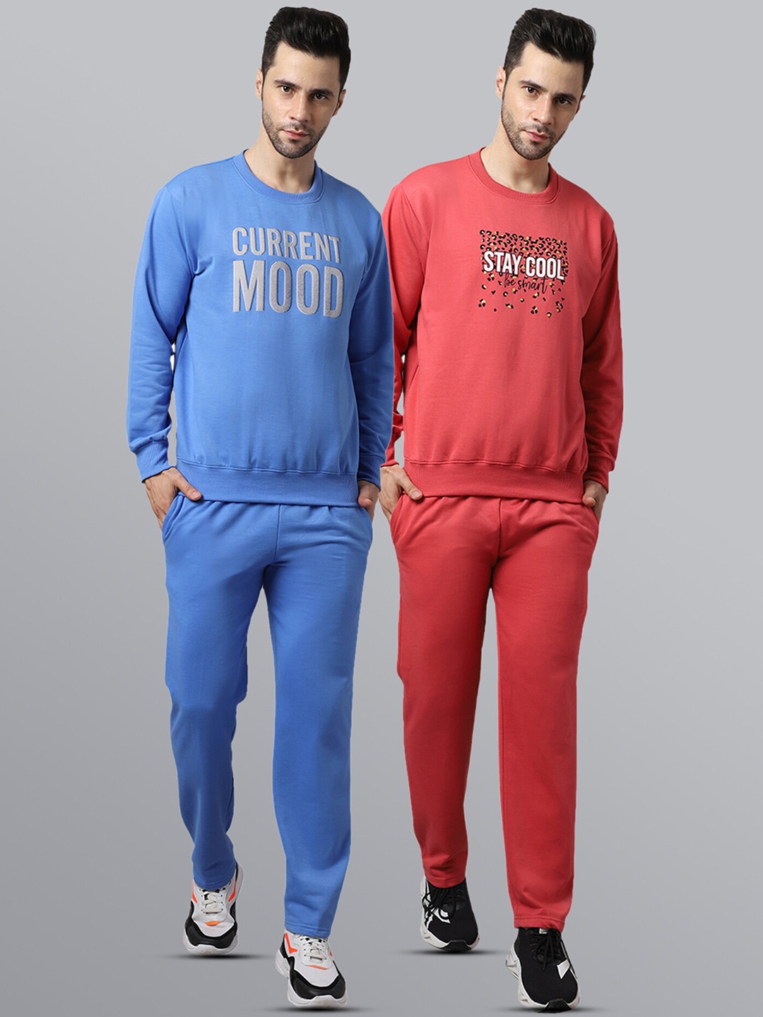 

VIMAL JONNEY Men Pack of 2 Blue & Pink Solid Pure Fleece Tracksuits