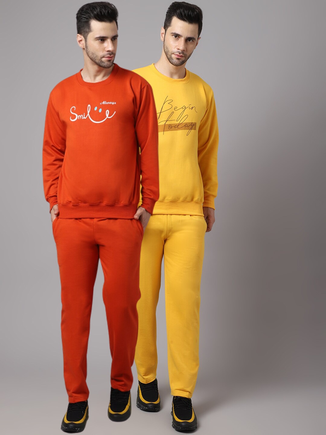 

VIMAL JONNEY Men Pack of 2 Orange & Yellow Printed Fleece Tracksuits
