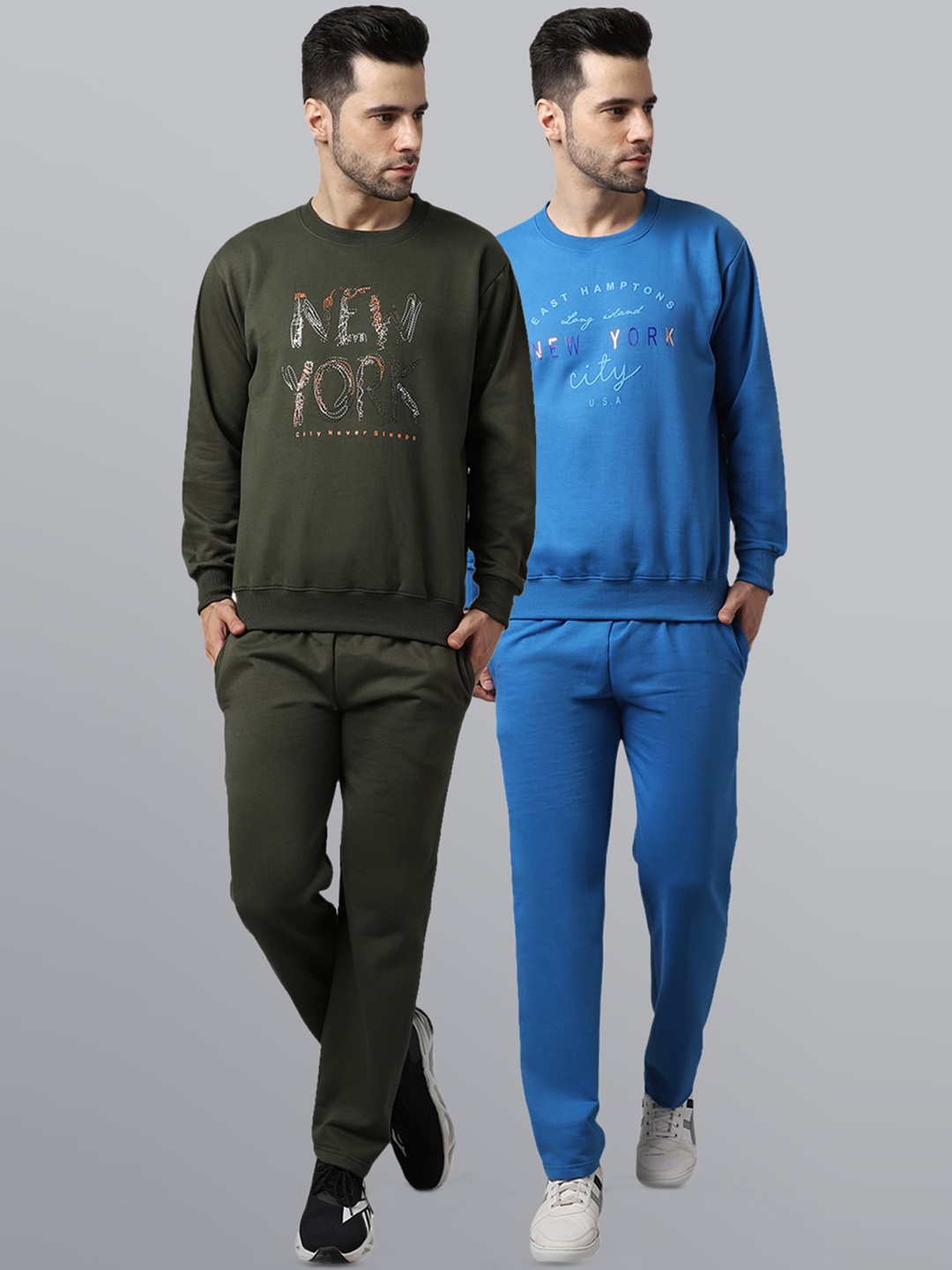 

VIMAL JONNEY Men Pack of 2 Olive Green & Blue Printed Pure Fleece Tracksuits