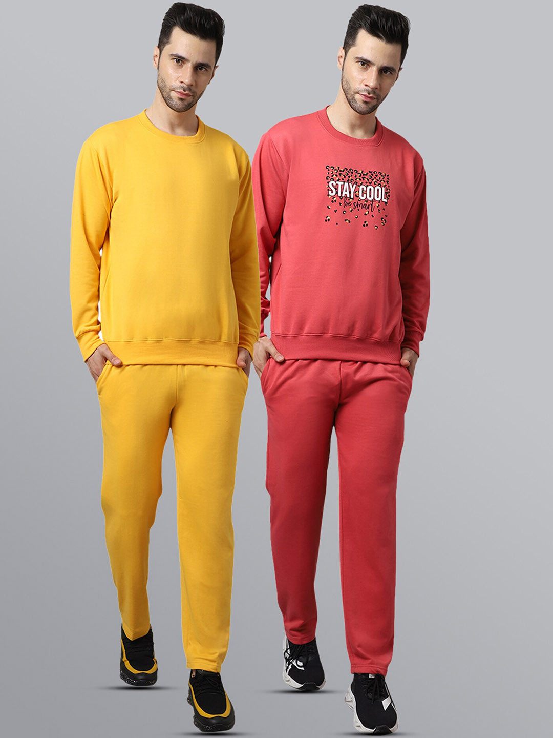 

VIMAL JONNEY Men Pack of 2 Yellow & Pink Solid Pure Fleece Tracksuits
