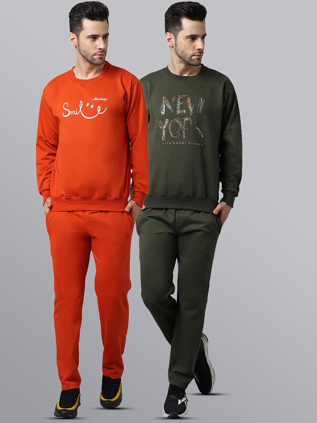 

VIMAL JONNEY Men Pack of 2 Olive Green & Orange Printed Pure Fleece Tracksuits