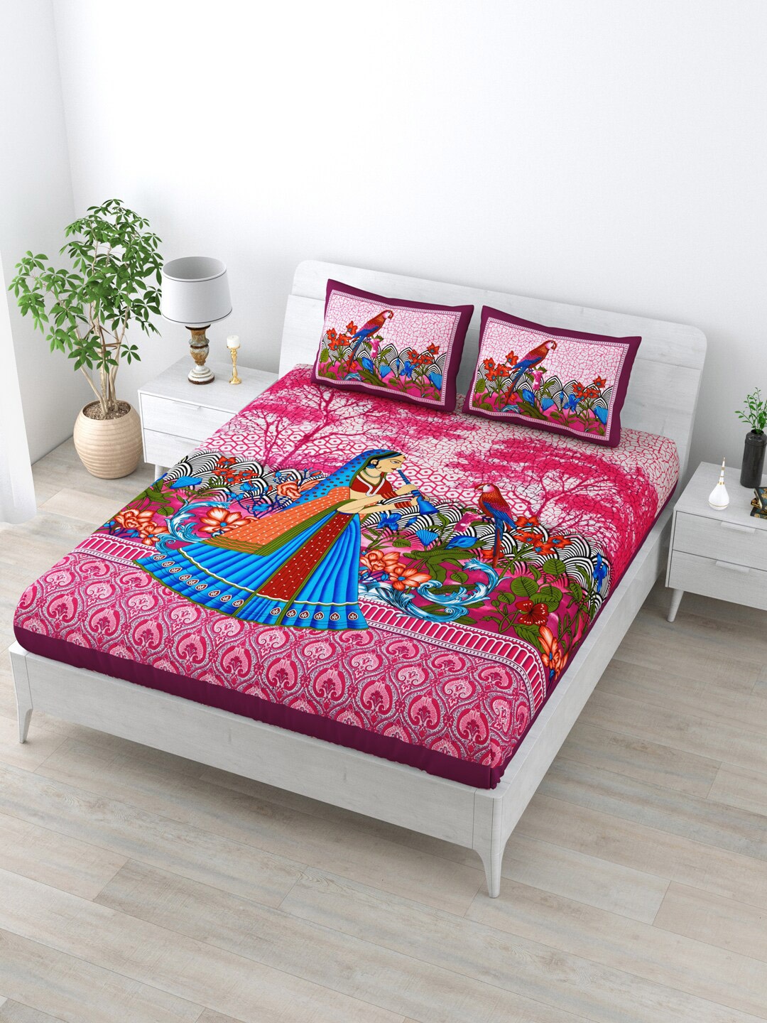 

LIVING ROOTS Pink & Blue Ethnic Motifs 144 TC Queen Bedsheet with 2 Pillow Covers