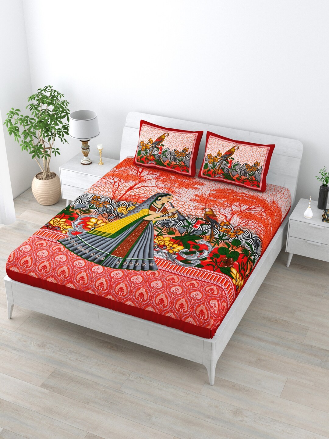 

LIVING ROOTS Red & Pink Ethnic Motifs 144 TC Cotton Queen Bedsheet with 2 Pillow Covers