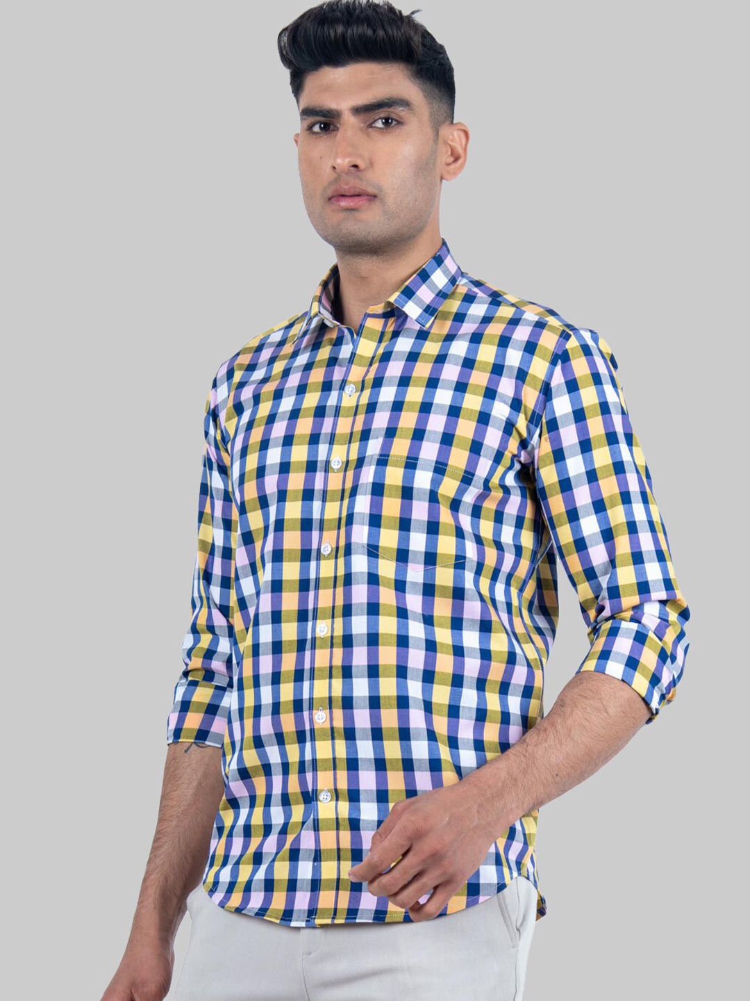 

Tistabene Men Yellow & Navy Blue Premium Gingham Checked Casual Shirt