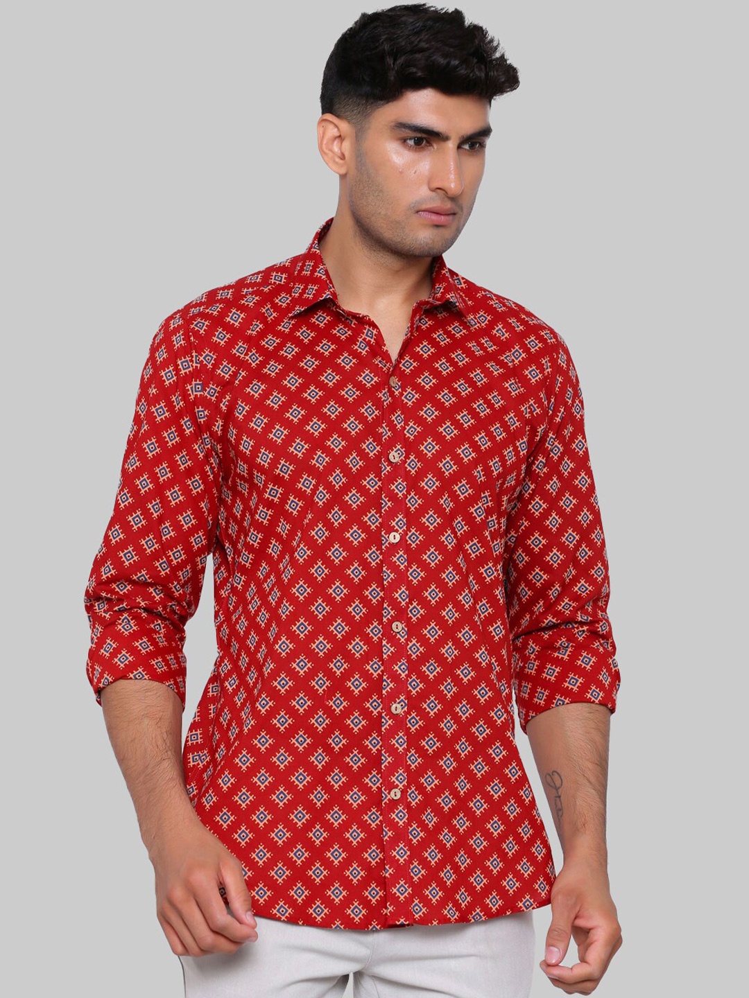 

Tistabene Men Red Premium Printed Cotton Casual Shirt