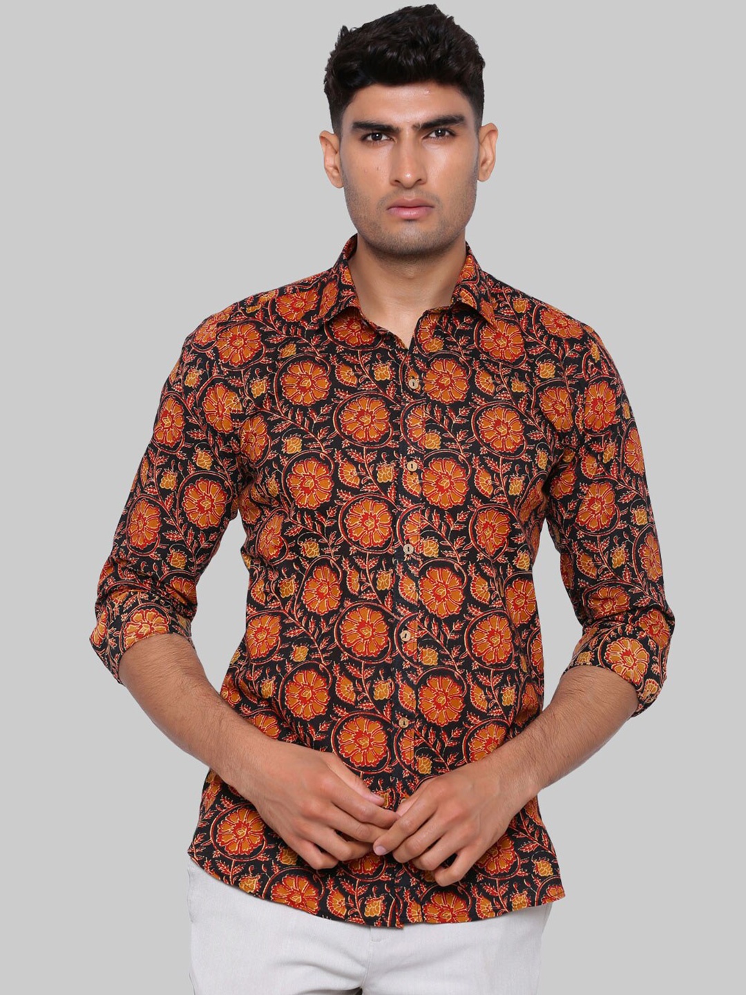 

Tistabene Men Black & Orange Premium Floral Printed Casual Shirt