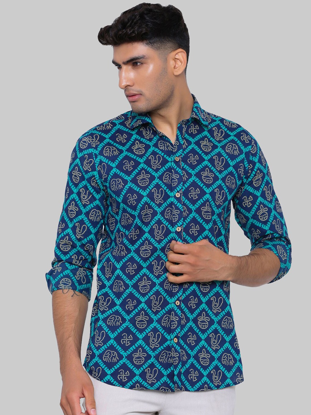 

Tistabene Men Blue Premium Patola Printed Cotton Casual Shirt