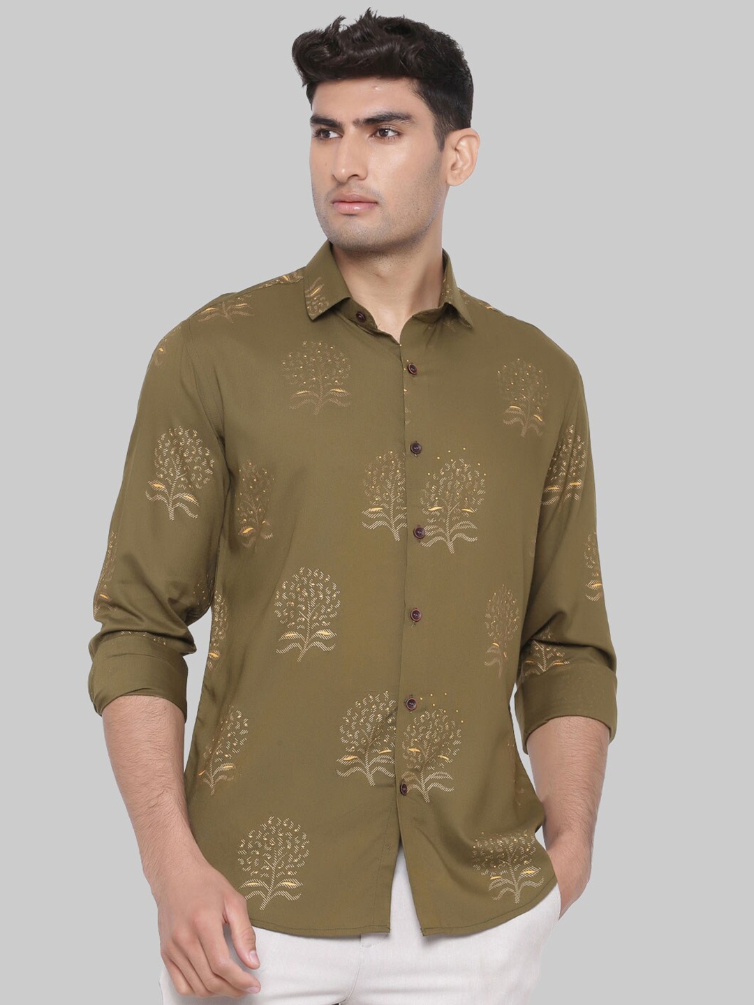 

Tistabene Men Olive Green Premium Floral Printed Casual Shirt