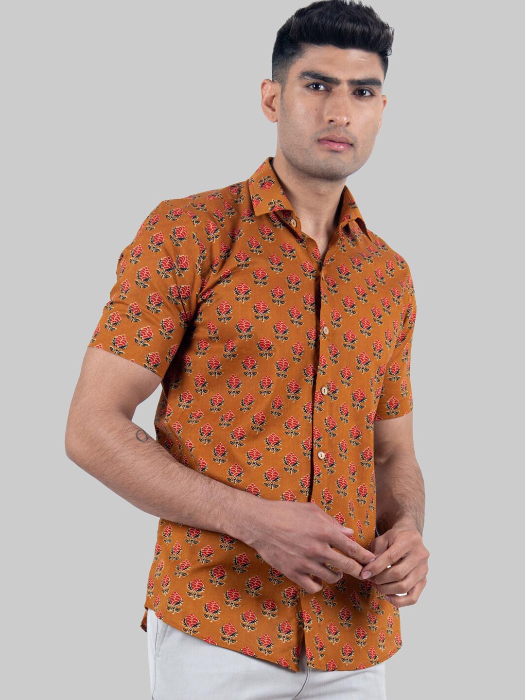 

Tistabene Men Orange Premium Floral Printed Casual Cotton Shirt