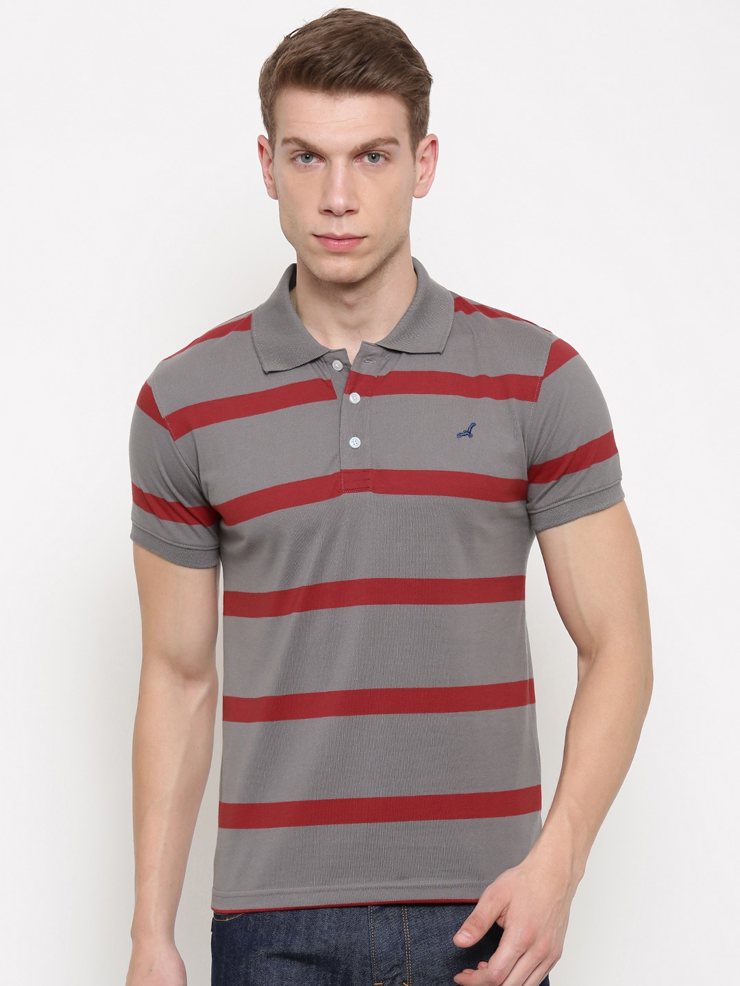 

American Crew Men Grey Red Striped Polo Collar Pure Cotton T-shirt