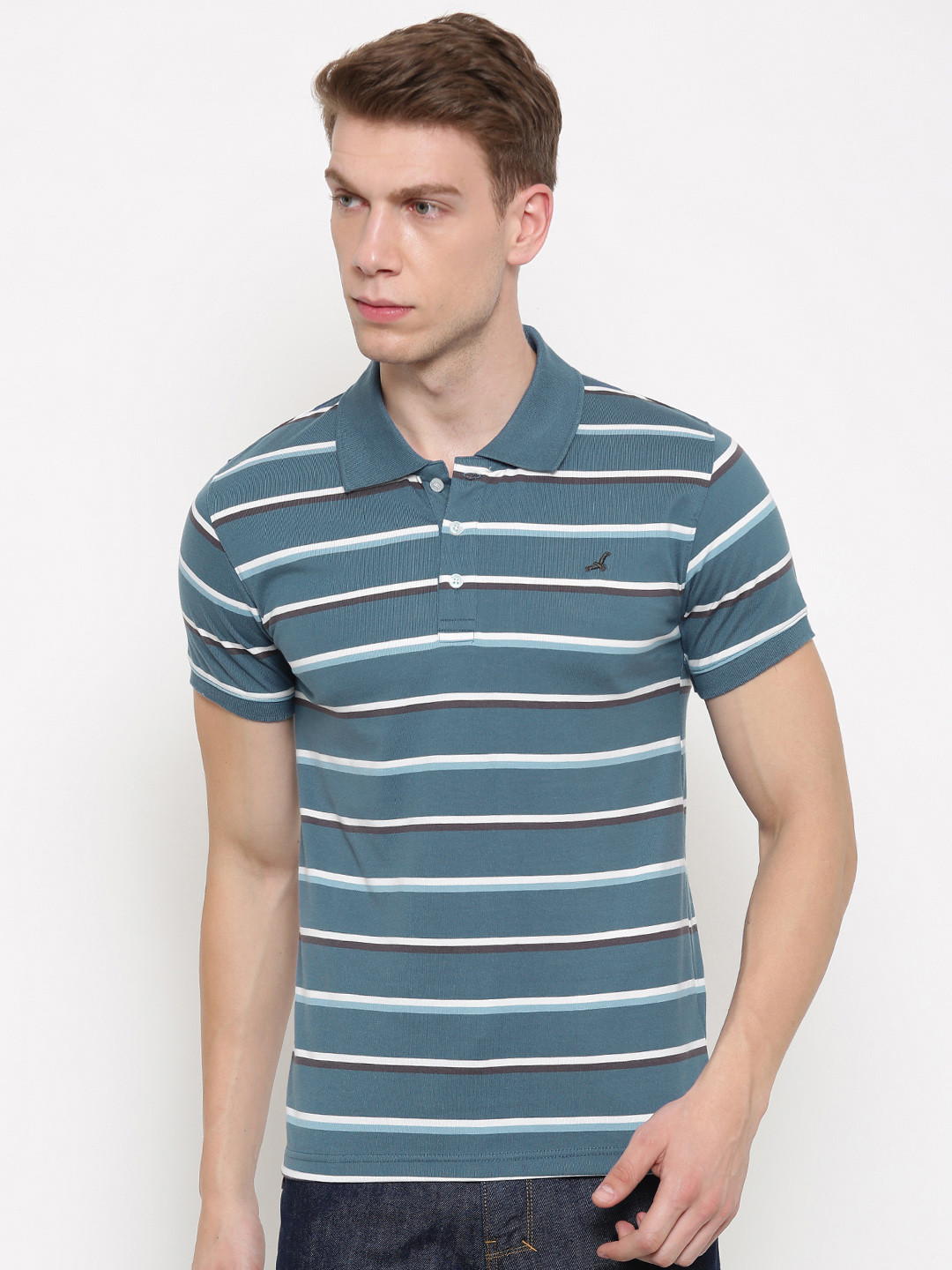 

American Crew Men Blue & White Striped Polo Collar T-shirt
