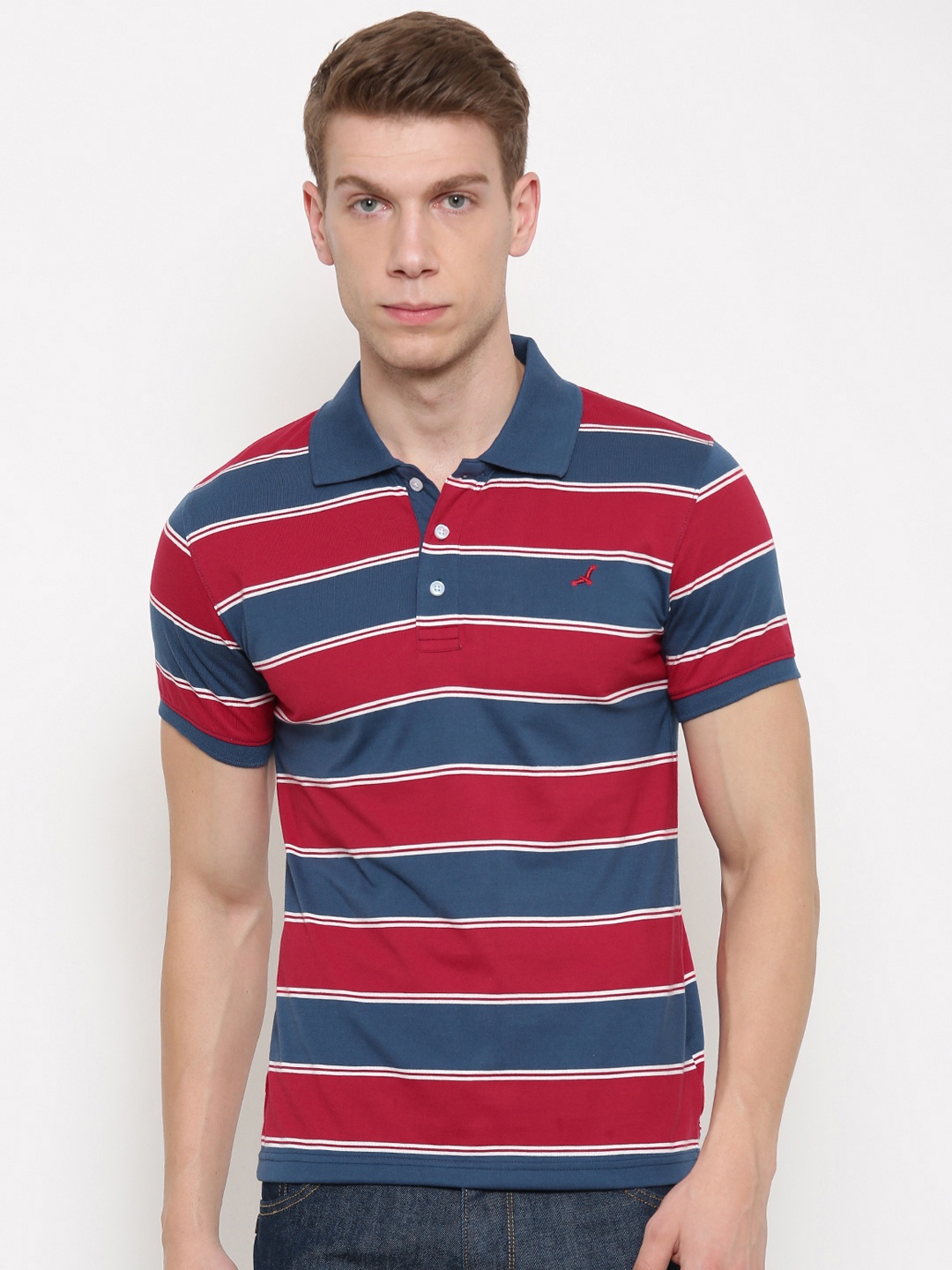 

American Crew Men Red & Navy Striped Polo Collar T-shirt, Navy blue