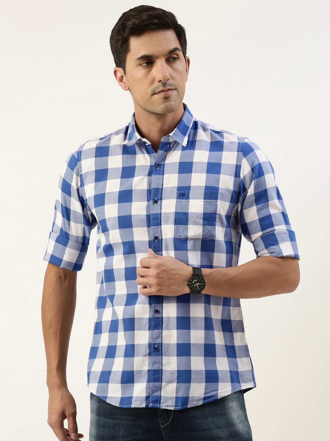 

Peter England Casuals Men Pure Cotton Slim Fit Buffalo Checks Casual Shirt, Blue