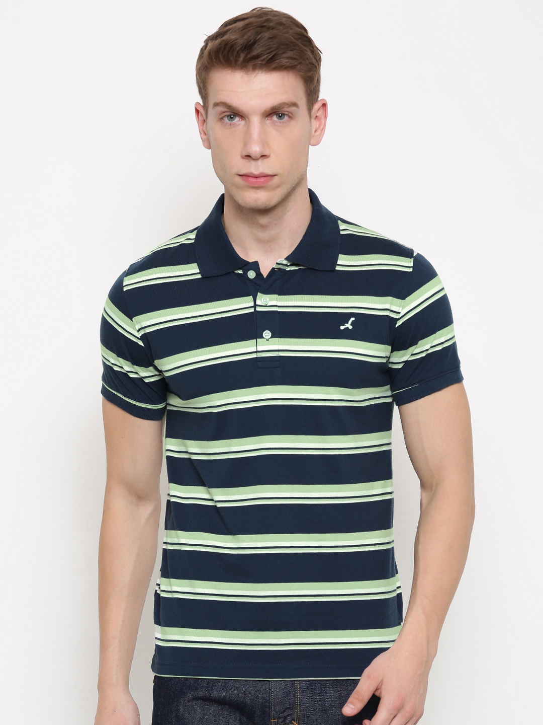 

American Crew Men Navy & Green Striped Polo Collar T-shirt, Navy blue